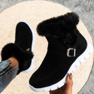 6d771a39-d639-41e9-8c3d-ca9c6f0d7261.jpg New Snow Boots Winter Warm Thickened Solid Color Plush Ankle Boots With Buckle Design Plus Velvet Flat Shoes For Women